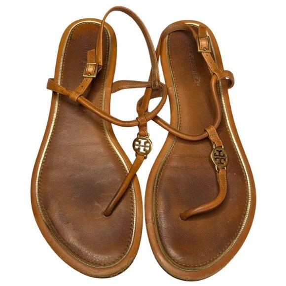 Tory Burch Emma T-Strap Flat Sandals – Brown Leather with Gold Logo – Women’s Si - Picture 5 of 13